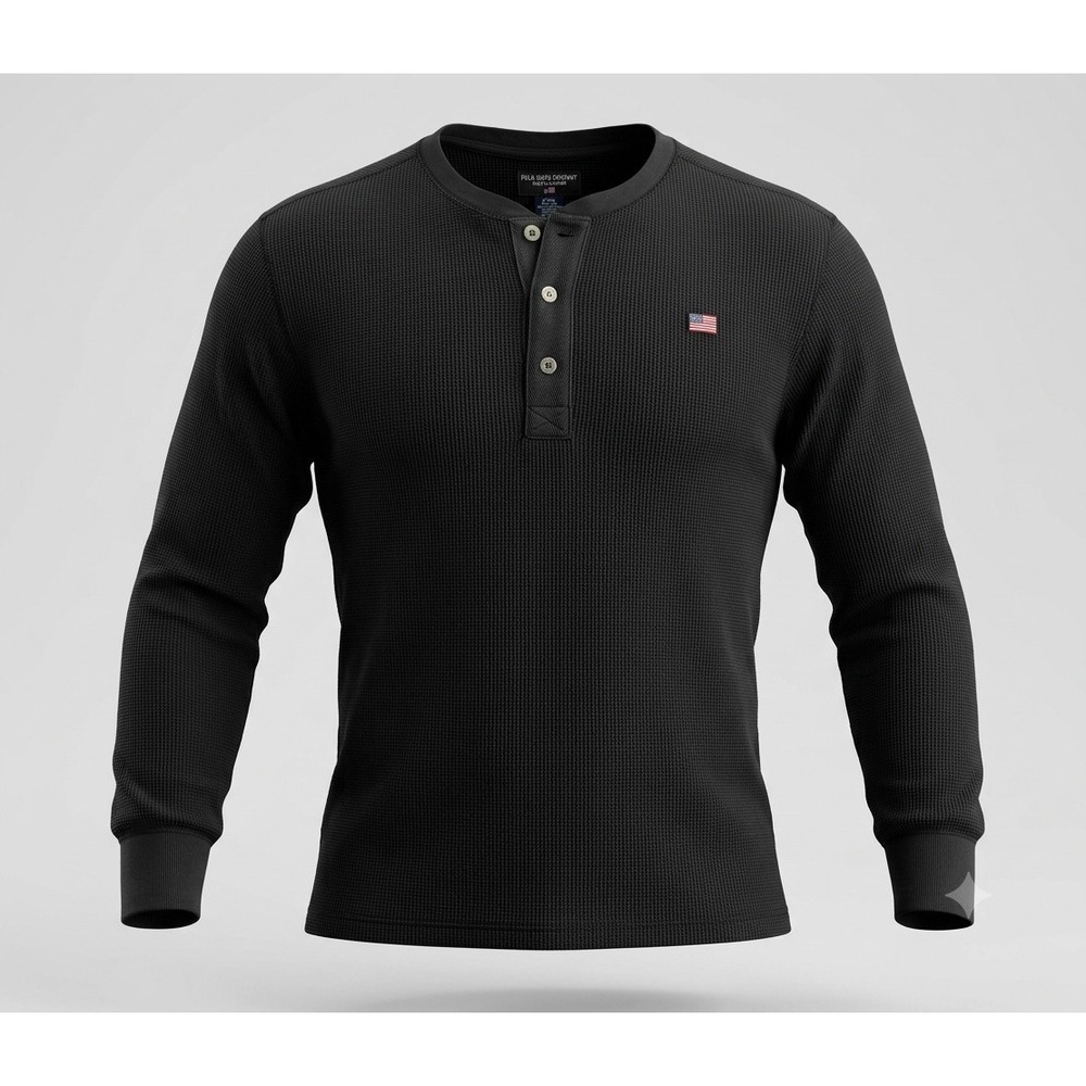 Polo Jeans Co Vintage Men's Black Waffle Knit 3 Button Henley Shirt. Size XL